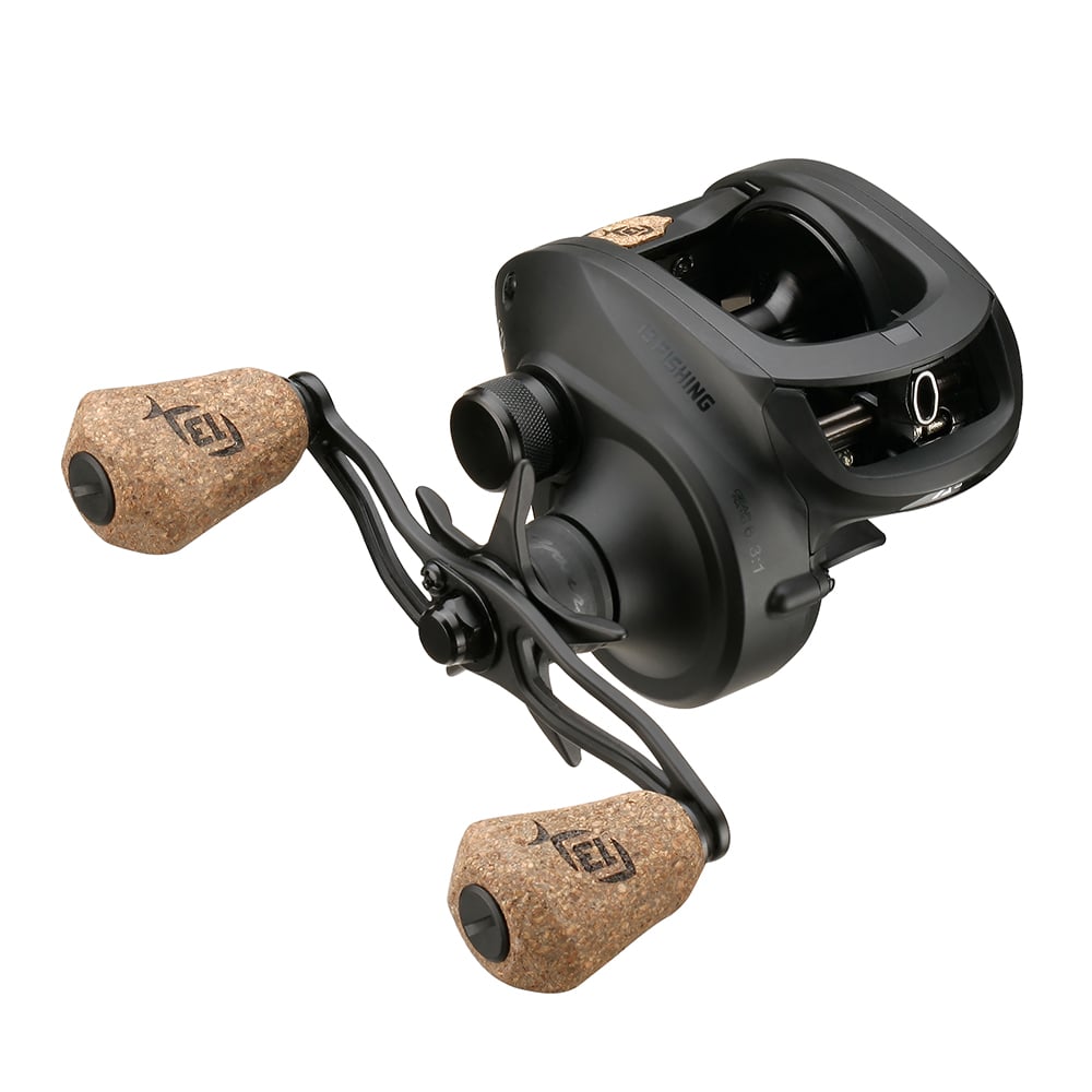 The 13 Fishing Concept A3 Gen II Casting Reel 6.3:1 | CA3-6.3-RH from 13 Fishing boasts a sleek black design, metallic accents, and dual cork handles—ideal for saltwater fishing adventures.