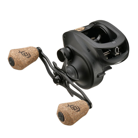 The 13 Fishing Concept A3 Gen II Casting Reel 8.1:1 (CA3-8.1-RH) by 13 Fishing features a black finish, metallic accents, and two large cork handles, with a sleek design ideal for saltwater fishing. The reel is angled to highlight the handle and spool.