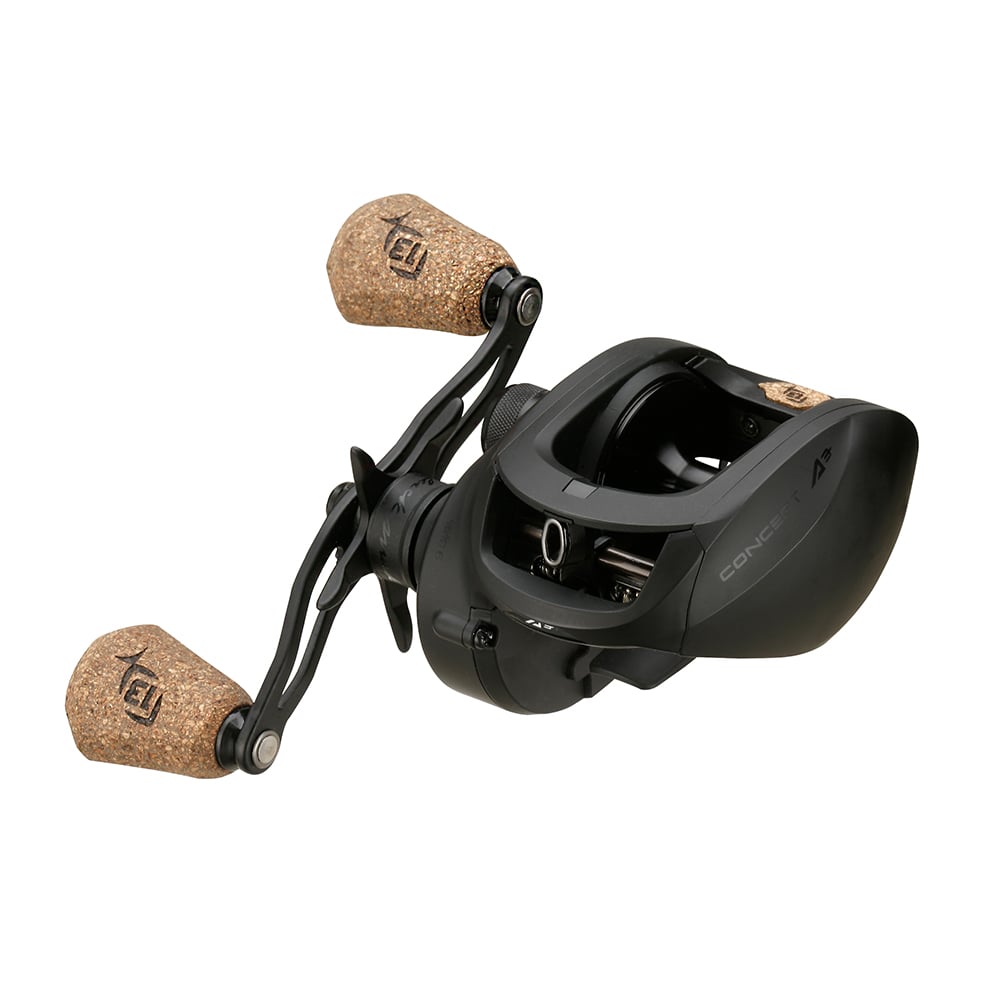 The 13 Fishing Concept A3 Gen II Casting Reel 8.1:1 (CA3-8.1-RH) by 13 Fishing features a black, modern design with two cork handles and exposed gear components—ideal for saltwater fishing.