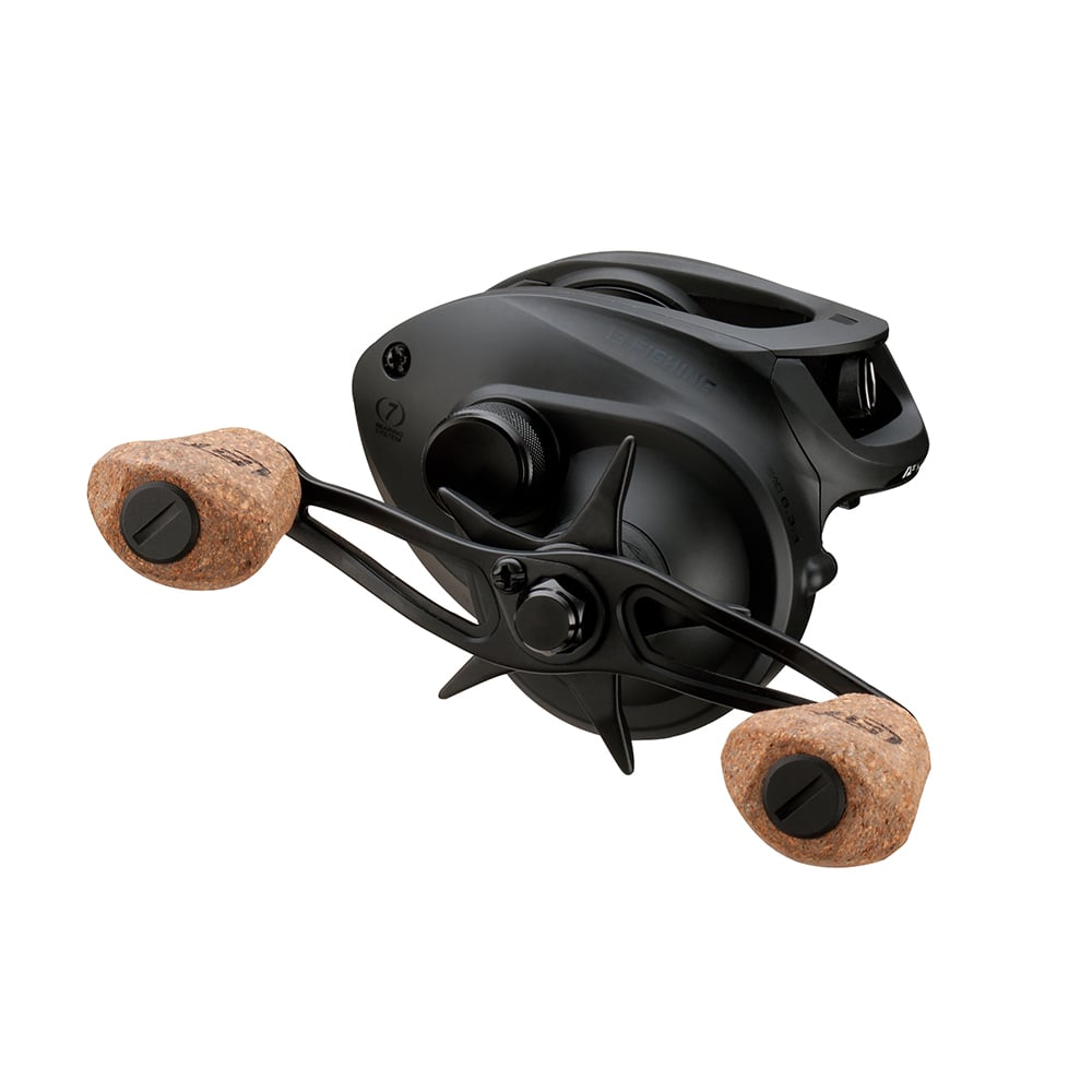 The 13 Fishing Concept A3 Gen II Casting Reel 5.5:1 (CA3-5.5-RH) features a sleek black design and dual cork handle grips, shown from the side and front—ideal for your next saltwater fishing trip.