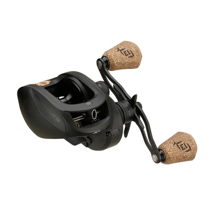 The 13 Fishing Concept A3 Gen II Casting Reel Left Hand 6.3:1 (CA3-6.3-LH) features a sleek black design with dual cork handles and durable metal parts—ideal for saltwater anglers seeking modern style and performance.