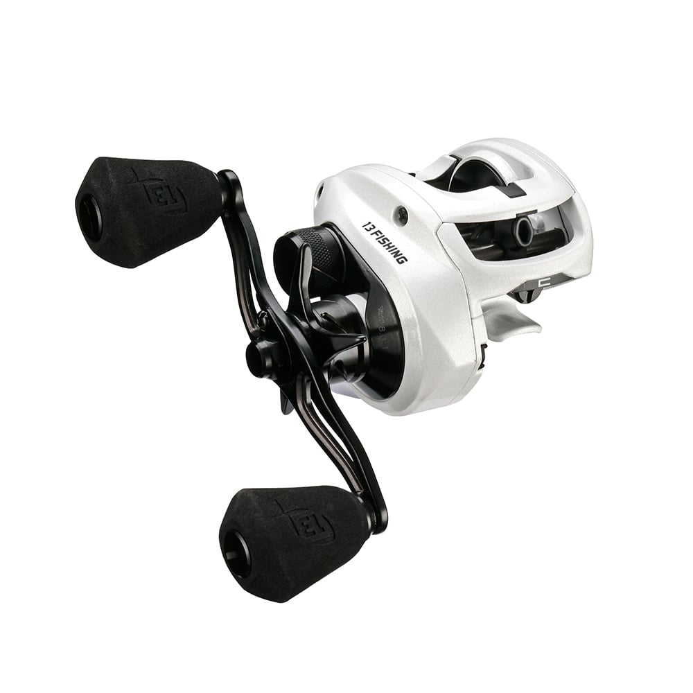 The 13 Fishing Concept C2 Casting Reel 6.8:1 (C2-6.8-RH) is a silver and black reel by 13 Fishing, featuring two ergonomic handles and the brand name displayed on the side.