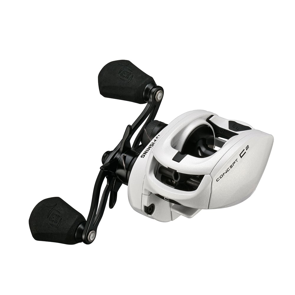 A white 13 Fishing Concept C2 Casting Reel 8.3:1 (C2-8.3-RH) by 13 Fishing with black handles, “Concept C2” label on the frame, shown against a white background.