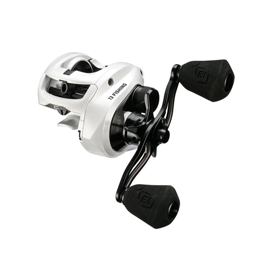 The 13 Fishing Concept C2 Casting Reel Left Hand 6.8:1 (C2-6.8-LH) is shown in white and black with dual foam handles, displayed at an angle on a white background.