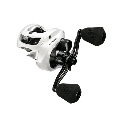 The 13 Fishing Concept C2 Casting Reel Left Hand 8.3:1 (C2-8.3-LH) by 13 Fishing is shown in white and black with two large grips, combining sleek style and top performance against a plain white background.