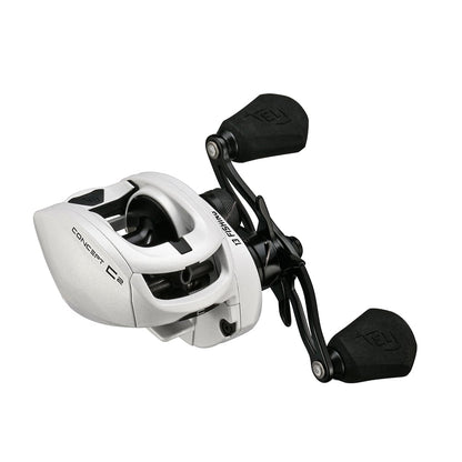 The 13 Fishing Concept C2 Casting Reel Left Hand 6.8:1 (C2-6.8-LH) features a white body, two black rubber handles, metallic silver accents, and "CONCEPT C2" labeling; perfect for left-handed anglers.