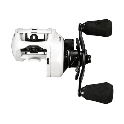 The 13 Fishing Concept C2 Casting Reel Left Hand 7.5:1 (C2-7.5-LH) by 13 Fishing is shown in white with two black padded handles, a visible spool, and adjustment knobs, displayed on a white background.
