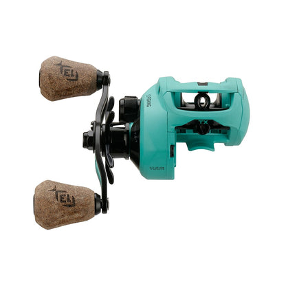 The 13 Fishing Concept TX2 Casting Reel 8.3:1 (TX2-8.3-RH) features a teal low-profile design with two large cork handles, shown from the side on a white background.