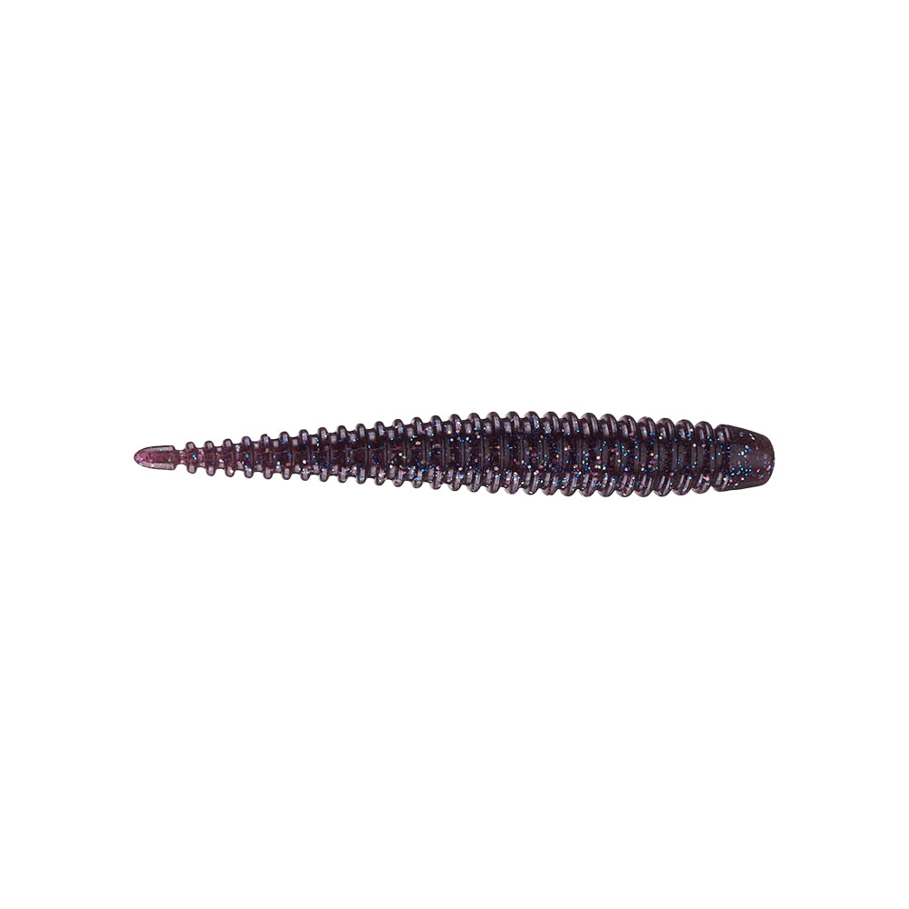 A close-up of the 6th Sense Ned Boosa Worm, a dark purple, ribbed soft plastic bait by 6th Sense, tapered from wide head to narrow tip—perfect for finesse bass fishing.