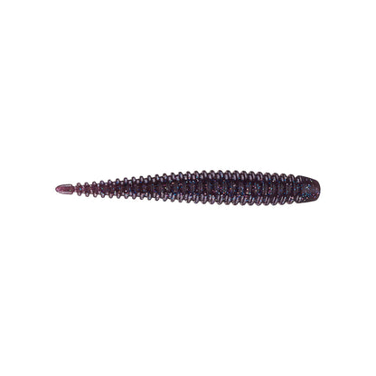 A close-up of the 6th Sense Ned Boosa Worm, a dark purple, ribbed soft plastic bait by 6th Sense, tapered from wide head to narrow tip—perfect for finesse bass fishing.