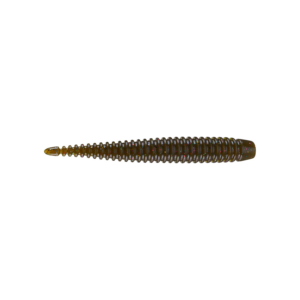 The 6th Sense Ned Boosa Worm by 6th Sense is a ribbed, brown soft plastic lure shaped like a short worm or grub, tapered at one end and wider at the other—ideal for bass fishing and shown on a white background.