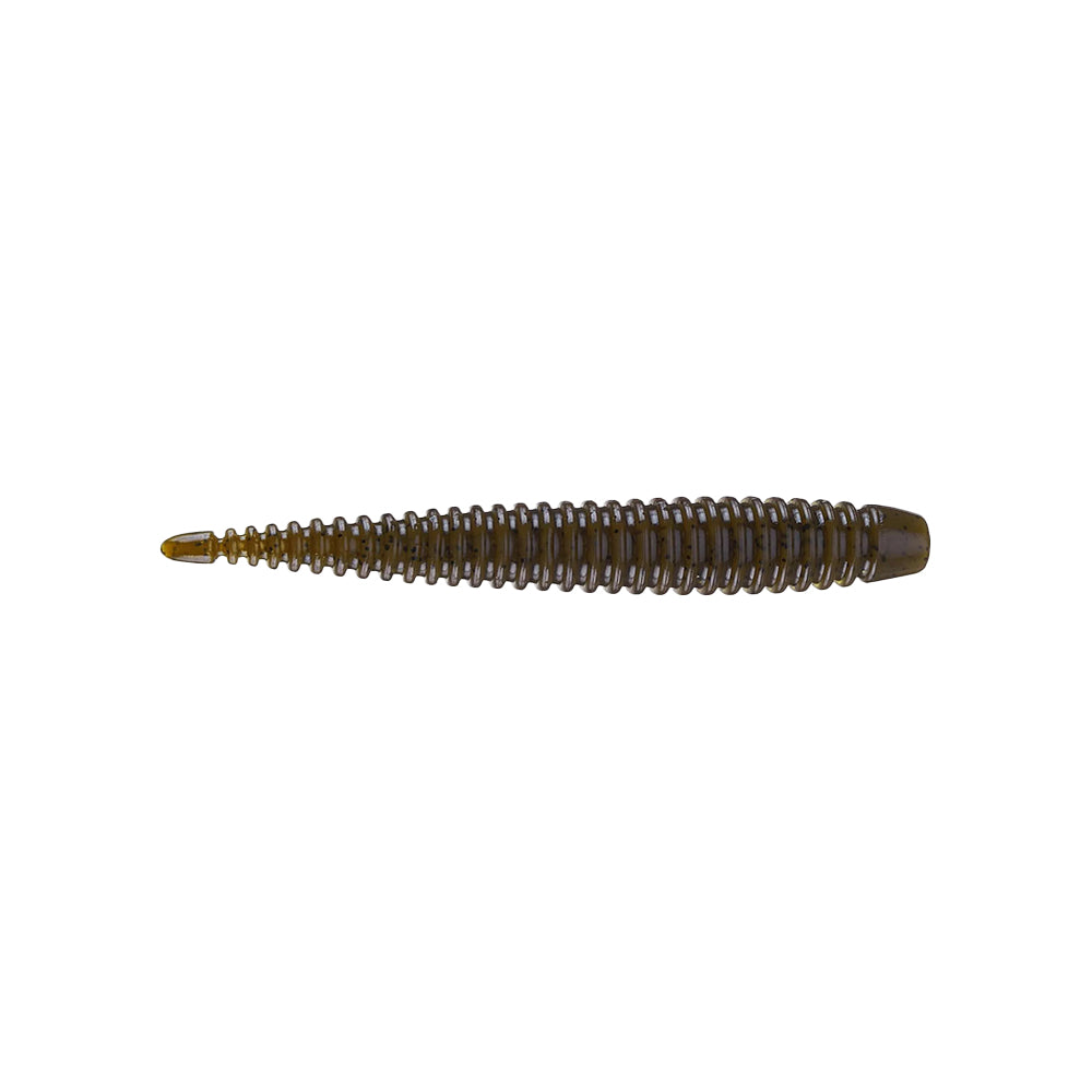 The 6th Sense Ned Boosa Worm by 6th Sense is a ribbed, brown finesse soft plastic lure with a tapered minnow shape, ideal for bass fishing, displayed on a white background.