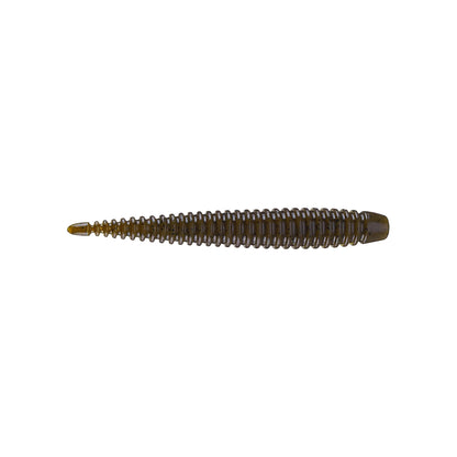 The 6th Sense Ned Boosa Worm by 6th Sense is a ribbed, brown finesse soft plastic lure with a tapered minnow shape, ideal for bass fishing, displayed on a white background.