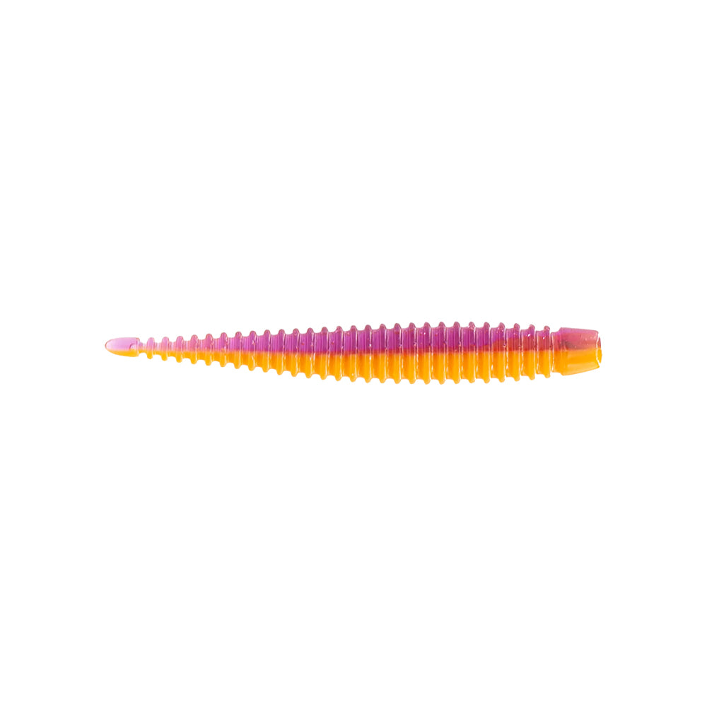 The 6th Sense Ned Boosa Worm is a ribbed, soft plastic finesse bait with a tapered shape and gradient orange-to-pink-to-purple color, ideal for bass fishing; shown here on a white background.