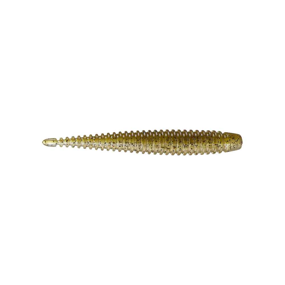 A gold, ribbed 6th Sense Ned Boosa Worm soft plastic lure by 6th Sense, shaped like a small baitfish and ideal for bass fishing, shown on a white background.