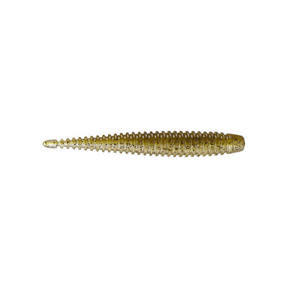 A gold, ribbed 6th Sense Ned Boosa Worm soft plastic lure by 6th Sense, shaped like a small baitfish and ideal for bass fishing, shown on a white background.