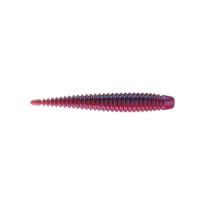 A close-up of the 6th Sense Ned Boosa Worm, a red, ribbed finesse lure with a tapered body and rounded end by 6th Sense, ideal for bass fishing, displayed against a white background.