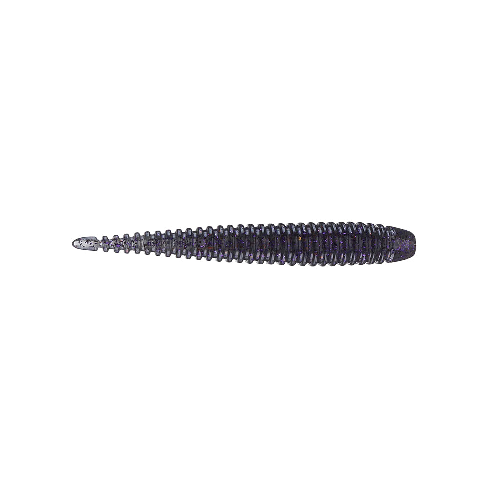 The 6th Sense Ned Boosa Worm, a dark purple ribbed finesse lure shaped like a worm or baitfish, is ideal for bass fishing and shown against a white background.