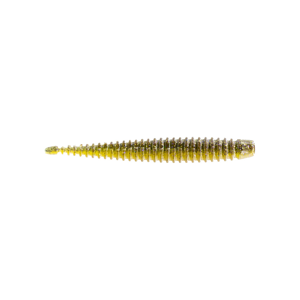 The 6th Sense Ned Boosa Worm by 6th Sense is a small, ribbed, gold and translucent finesse worm soft plastic bait shaped like a tapered worm, ideal for bass fishing and shown on a white background.
