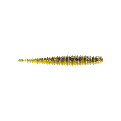 The 6th Sense Ned Boosa Worm by 6th Sense is a small, ribbed, gold and translucent finesse worm soft plastic bait shaped like a tapered worm, ideal for bass fishing and shown on a white background.