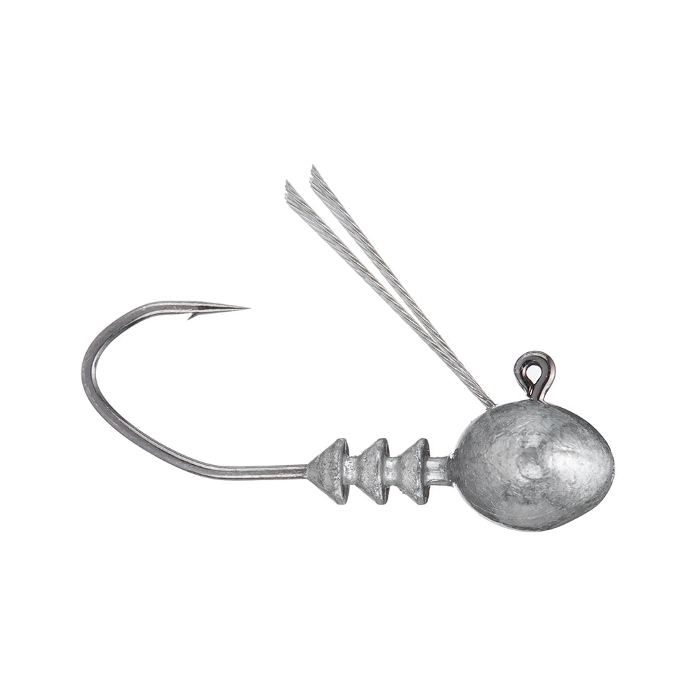 The 6th Sense Divine Weedless Ned Football Head by 6th Sense is a durable silver jig featuring a round weighted head, single hook, and two wire weed guards extending upward for improved weedless fishing.