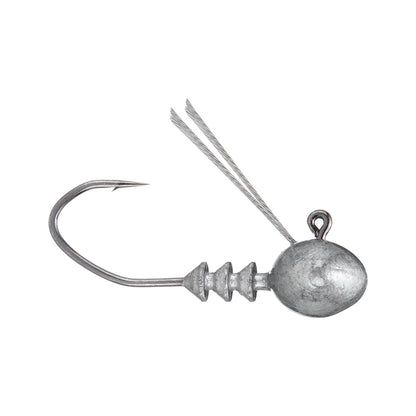 The 6th Sense Divine Weedless Ned Football Head by 6th Sense is a durable silver jig featuring a round weighted head, single hook, and two wire weed guards extending upward for improved weedless fishing.