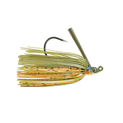 The 6th Sense Divine Swim Jig by 6th Sense features a green and orange skirt with black speckles, a single hook, weed guard, and ScrewLock keeper—designed to attract fish. Shown isolated on a white background.