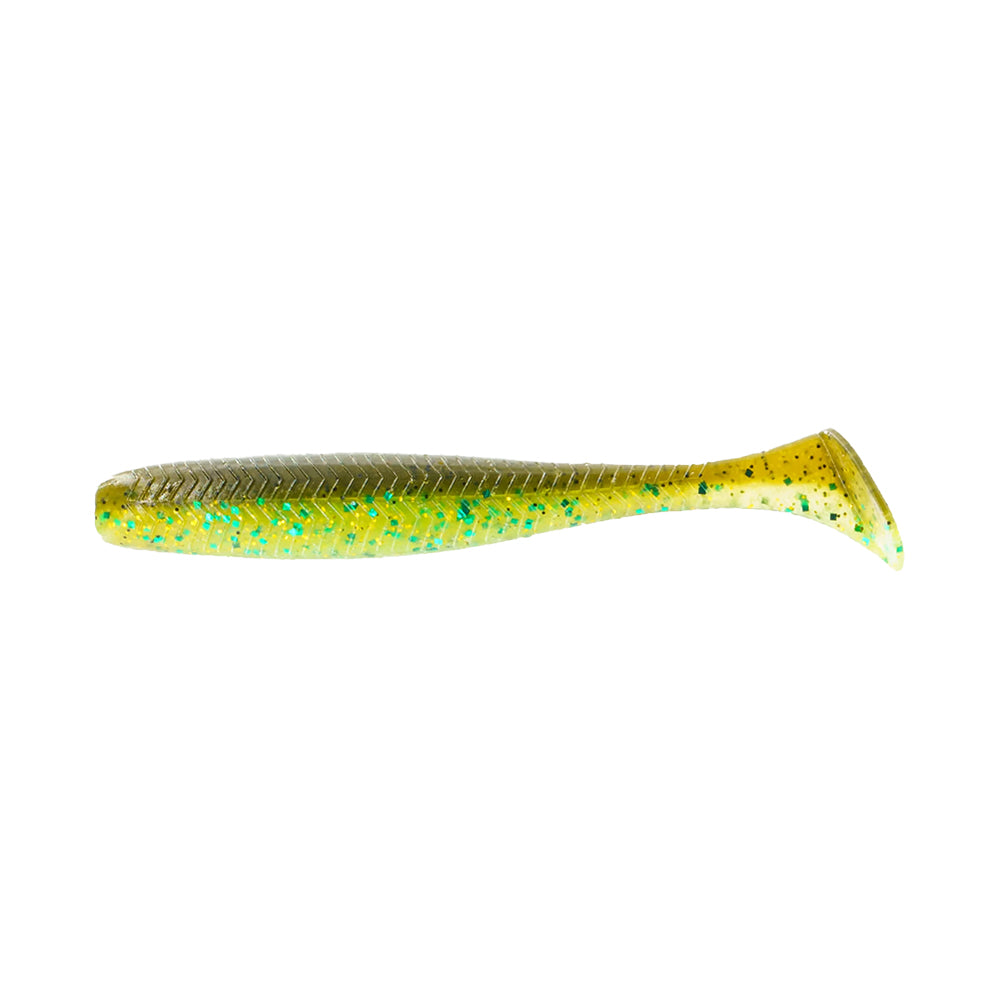 The 6th Sense Divine Swimbait by 6th Sense is a soft plastic fishing lure in yellow-green with blue specks, featuring a ribbed body and paddle tail—ideal for versatile angling, shown isolated on a white background.