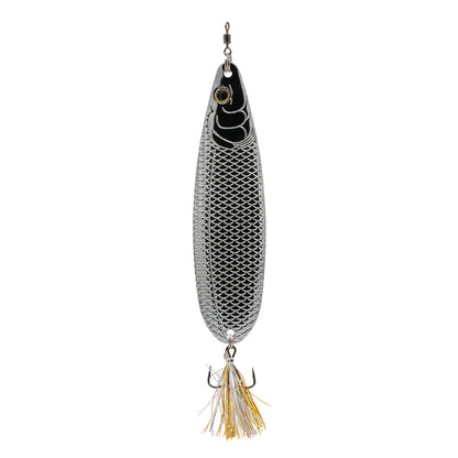 The 6th Sense Flutter Spoon 120 is a metallic, fish-shaped lure from 6th Sense with a black head, scale-pattern body, bottom treble hook, and yellow-silver reflective strands for extra attraction.