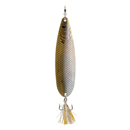 The 6th Sense Flutter Spoon 120 from 6th Sense is a metallic, fish-shaped lure featuring a textured scale pattern, eye detail near the top, and a treble hook with shiny tinsel strands on the bottom.