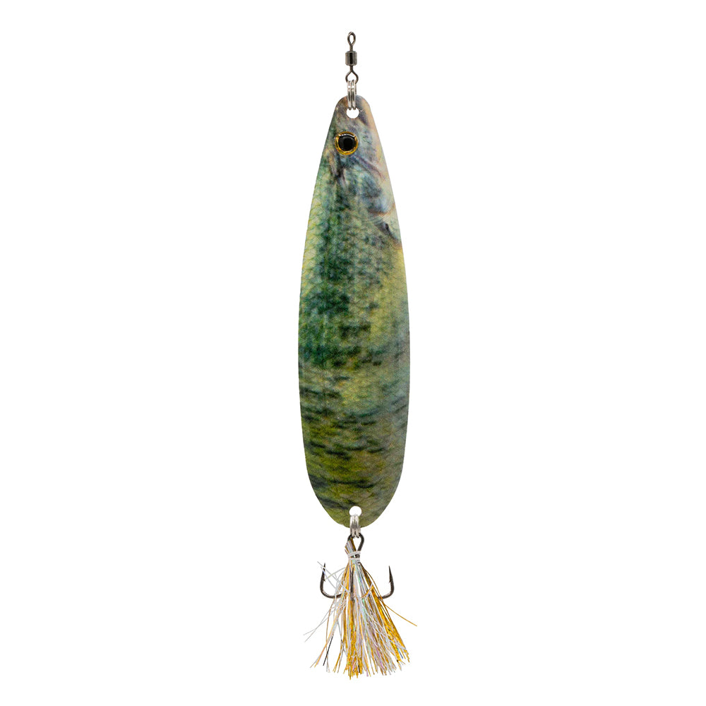 The 6th Sense Flutter Spoon 120 by 6th Sense is a fishing lure shaped like a small fish, with green-yellow scales, lifelike eye, treble hook, gold and white tassels, and delivers extra action in the style of classic flutter spoons.