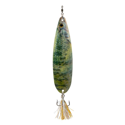 The 6th Sense Flutter Spoon 120 by 6th Sense is a fishing lure shaped like a small fish, with green-yellow scales, lifelike eye, treble hook, gold and white tassels, and delivers extra action in the style of classic flutter spoons.