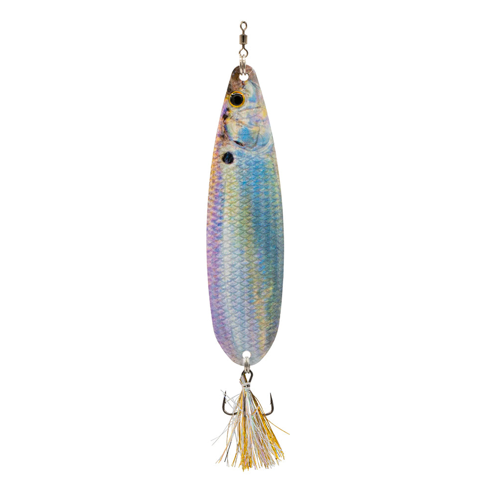 The 6th Sense Flutter Spoon 120 by 6th Sense is a fish-shaped lure with a detailed scale pattern, sturdy top ring, metal hook, and yellow-silver tinsel trim.