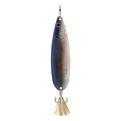 The 6th Sense Flutter Spoon 120 by 6th Sense is a metallic, fish-shaped lure featuring a textured, scale-like surface, a painted eye, and a treble hook adorned with gold and white tinsel at the bottom.