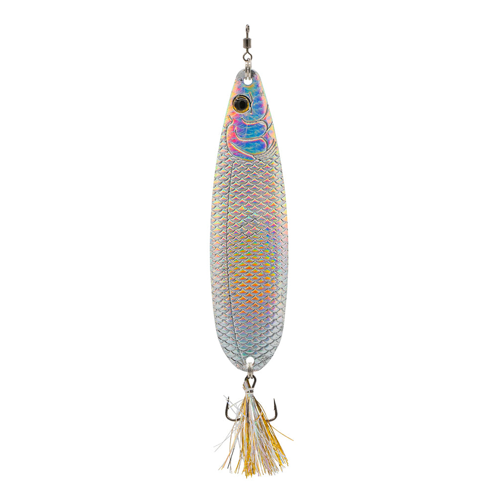The 6th Sense Flutter Spoon 120 is a metallic, fish-shaped lure with scale patterns, a lifelike eye, and a tassel-adorned treble hook—expertly designed by 6th Sense for dynamic underwater flutter action.