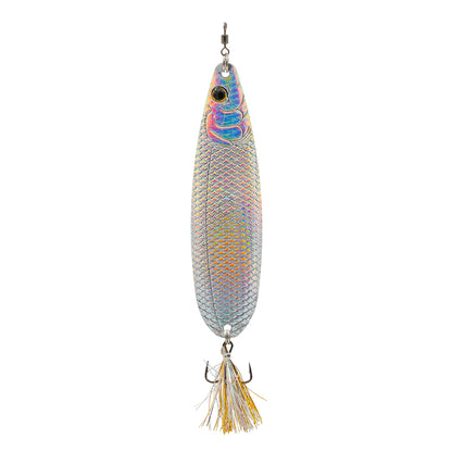 The 6th Sense Flutter Spoon 120 is a metallic, fish-shaped lure with scale patterns, a lifelike eye, and a tassel-adorned treble hook—expertly designed by 6th Sense for dynamic underwater flutter action.