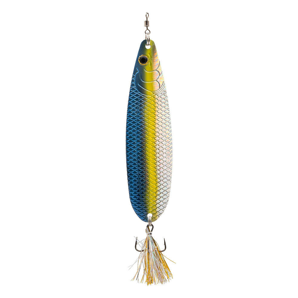 The 6th Sense Flutter Spoon 120 by 6th Sense is a metallic scale-pattern lure in blue, green, and yellow, with a fish-eye design, treble hook, and shiny tinsel at the bottom.