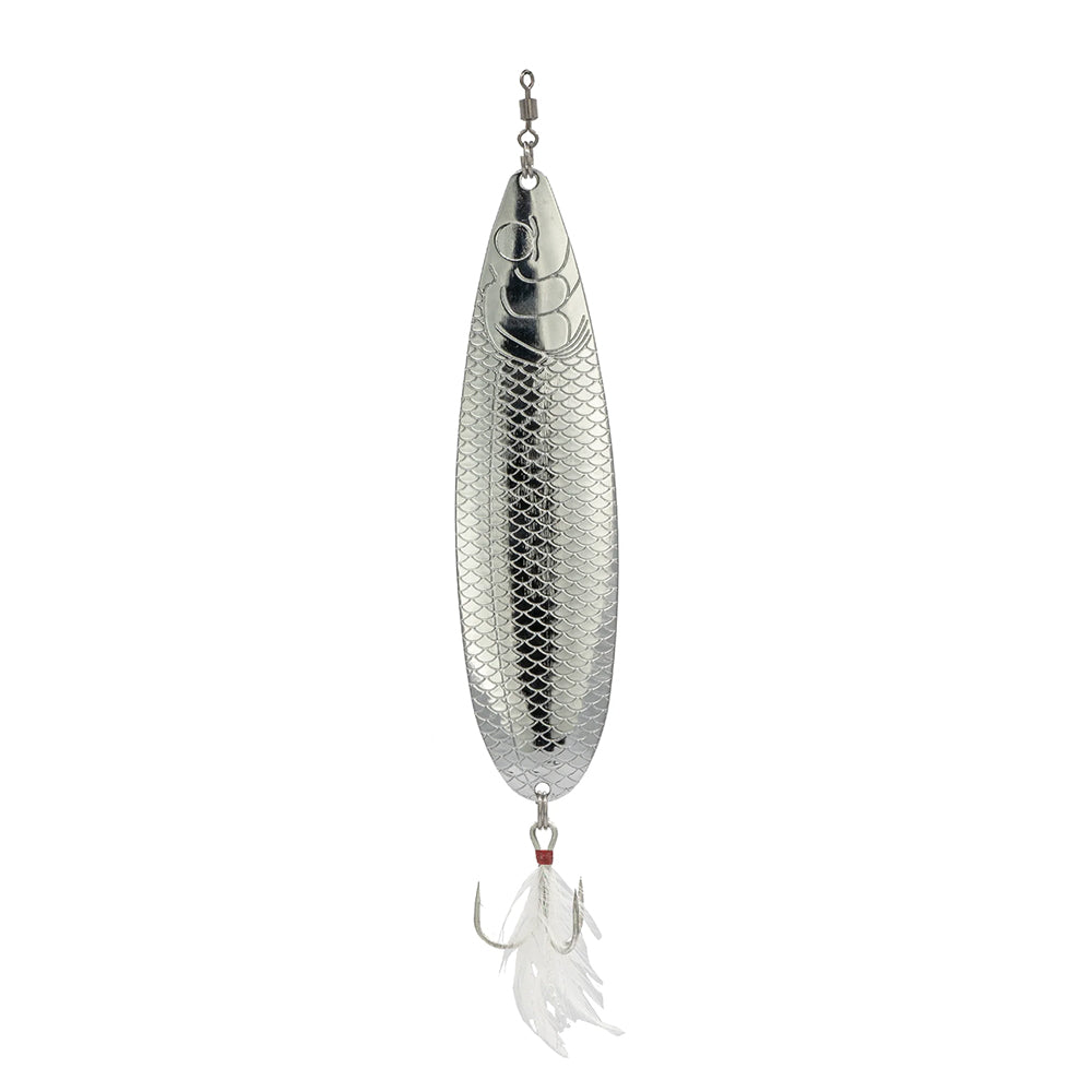 The 6th Sense Magnum Sonar Spoon 170 is a shiny, silver, oval-shaped offshore lure with a fish scale pattern, top swivel, and triple hook with white feathers—ideal from 6th Sense for targeting big fish.