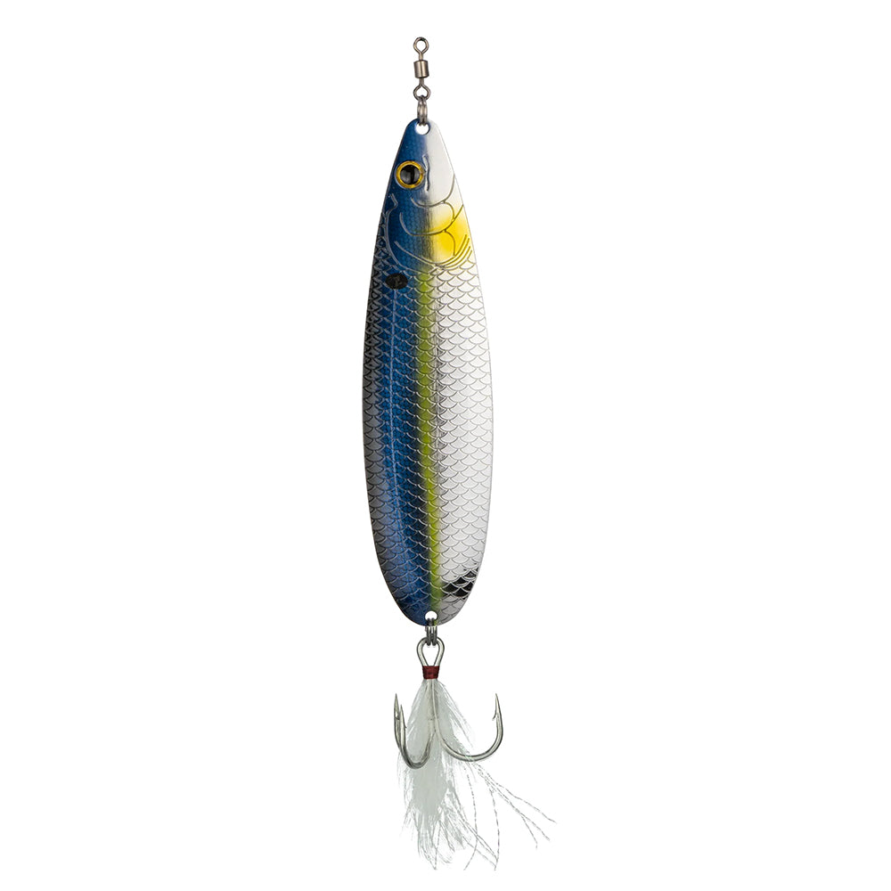 The 6th Sense Magnum Sonar Spoon 170 is a metallic offshore lure shaped like a small fish, with blue, yellow, and silver colors, realistic scale pattern, a treble hook at the bottom, and a feathered hook.