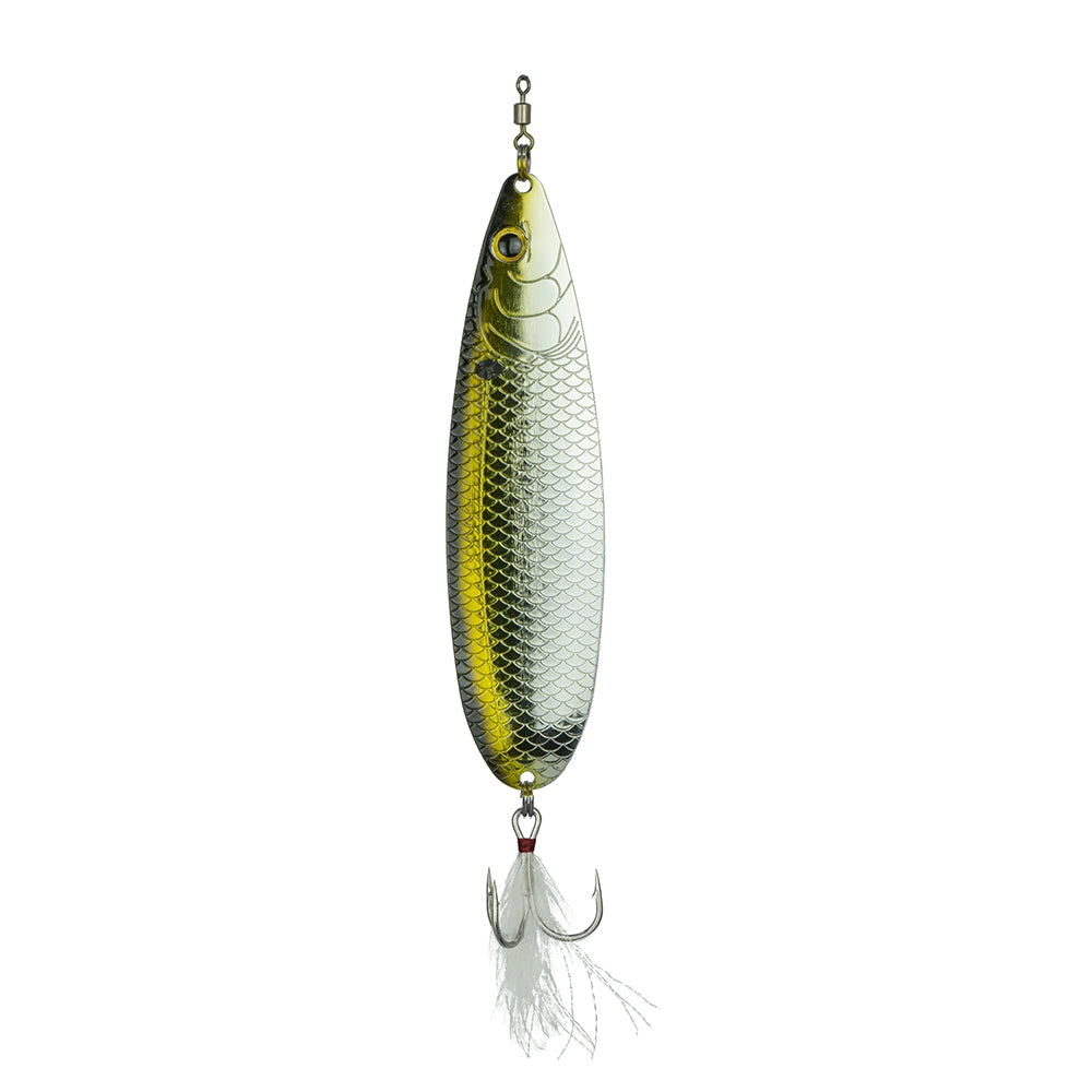 The 6th Sense Magnum Sonar Spoon 170 by 6th Sense is a shiny, fish-shaped offshore lure with a metallic silver and yellow finish, detailed scales, large eye, and a treble hook featuring white feathers at the bottom.