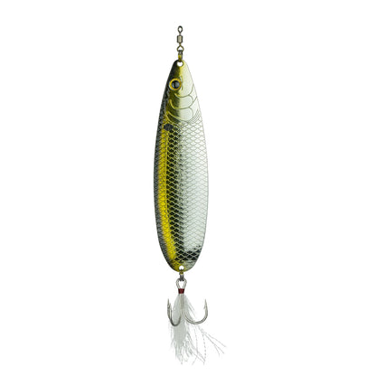 The 6th Sense Magnum Sonar Spoon 170 by 6th Sense is a shiny, fish-shaped offshore lure with a metallic silver and yellow finish, detailed scales, large eye, and a treble hook featuring white feathers at the bottom.