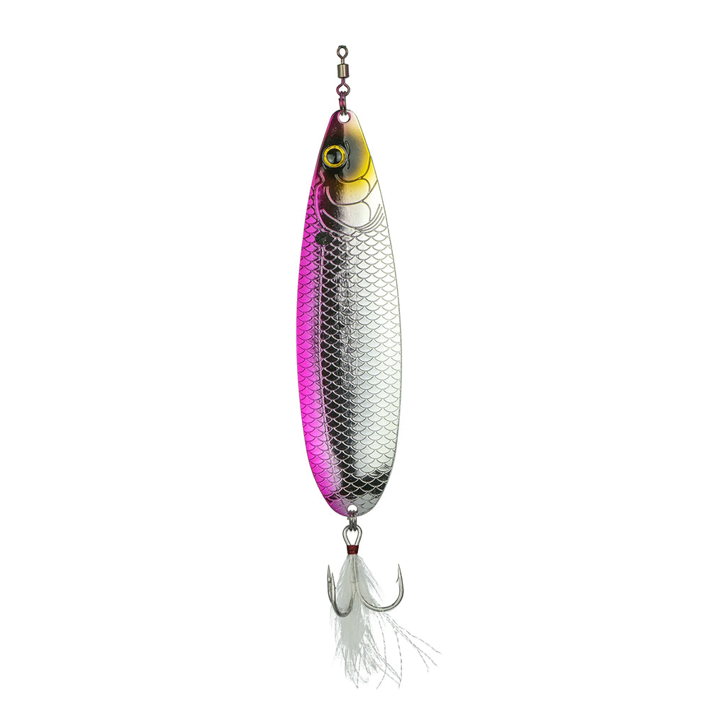 The 6th Sense Magnum Sonar Spoon 170 by 6th Sense is a large metallic lure with a fish scale pattern, pink and silver finish, yellow eye design, and treble hook with white fibers—perfect for offshore fishing.