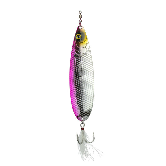 The 6th Sense Magnum Sonar Spoon 170 by 6th Sense is a large metallic lure with a fish scale pattern, pink and silver finish, yellow eye design, and treble hook with white fibers—perfect for offshore fishing.