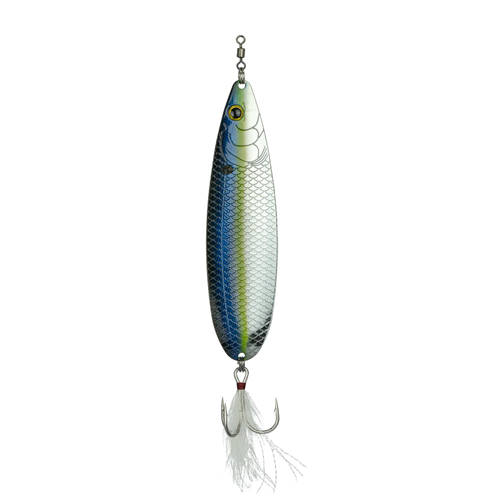 The 6th Sense Magnum Sonar Spoon 170 by 6th Sense is a metallic, fish-shaped offshore lure featuring a blue/silver scale pattern, large eye design, and treble hook with white feathers—ideal for landing big catches.