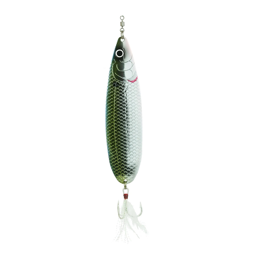 The 6th Sense Magnum Sonar Spoon 170 is a fish-shaped metallic lure with a shiny silver scale pattern, large eye, and feathered treble hook—ideal for offshore fishing.