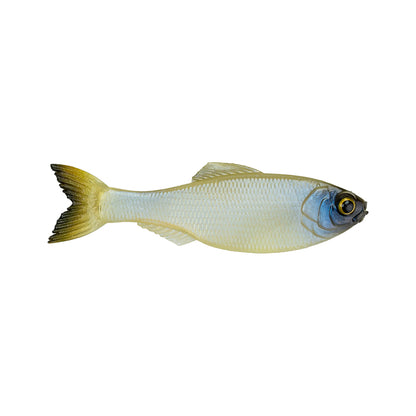The 6th Sense Panorama Baitfish by 6th Sense, resembling a real baitfish with yellow-tinted tail and fins, silvery scales, and a blueish eye, is shown against a white background—perfect for bass fishing.