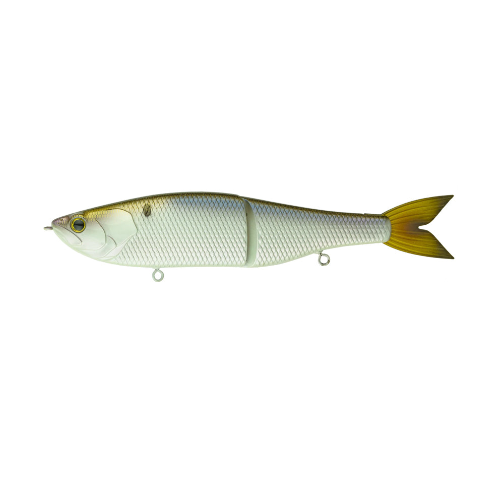 The image shows a 6th Sense Draw Glide Bait—a realistic fishing lure with a segmented body, silver scales, yellow-tinted head, and yellow tail fin—on a plain white background. This slow sinking swimbait offers lifelike movement.