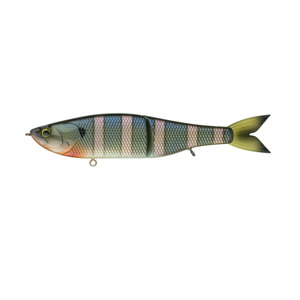 The 6th Sense Draw Glide Baits by 6th Sense features a lifelike fish shape with green, silver, and yellow colors, vertical stripes, detailed scales, and two metal loops. This slow sinking swimbait is ideal for anglers seeking realistic action.