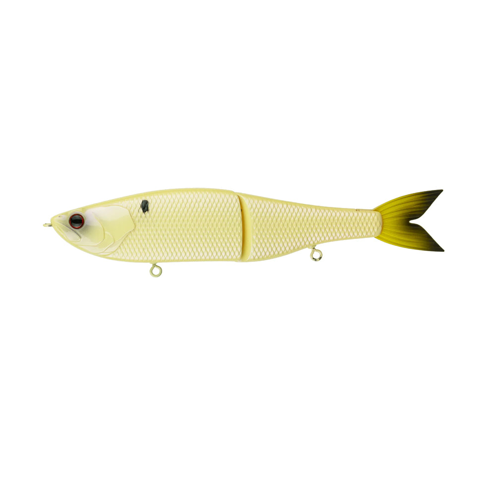 The 6th Sense Draw Glide Baits by 6th Sense are segmented, cream-colored swimbaits with textured scales, a yellow-tipped tail, and metal loops—perfect for slow sinking action to attract big fish.