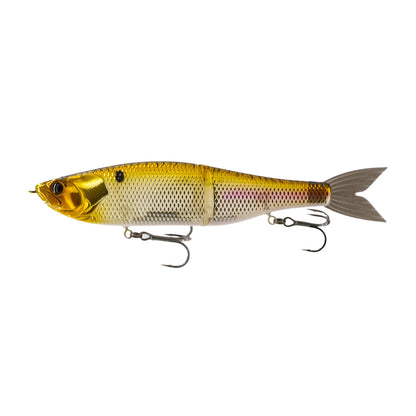The 6th Sense Draw Glide Baits by 6th Sense is a realistic, slow-sinking swimbait with a gold and silver fish-shaped body, detailed fins and scales, and two treble hooks for enhanced performance.